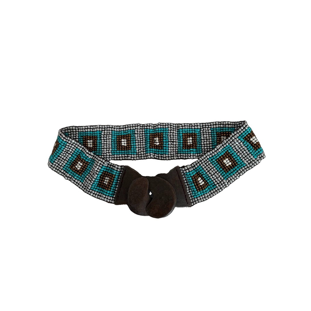 Vintage Boho Hippie Beaded Stretch Belt Wide Brown Tribal Geometric Southwestern